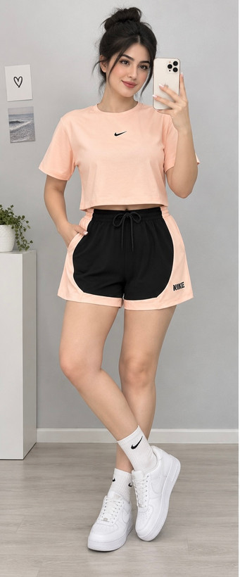 ست کراپ و شلوارک زنانه پارچه سوزنی سالمون L.XL.XXL در ۵ رنگ جذاب