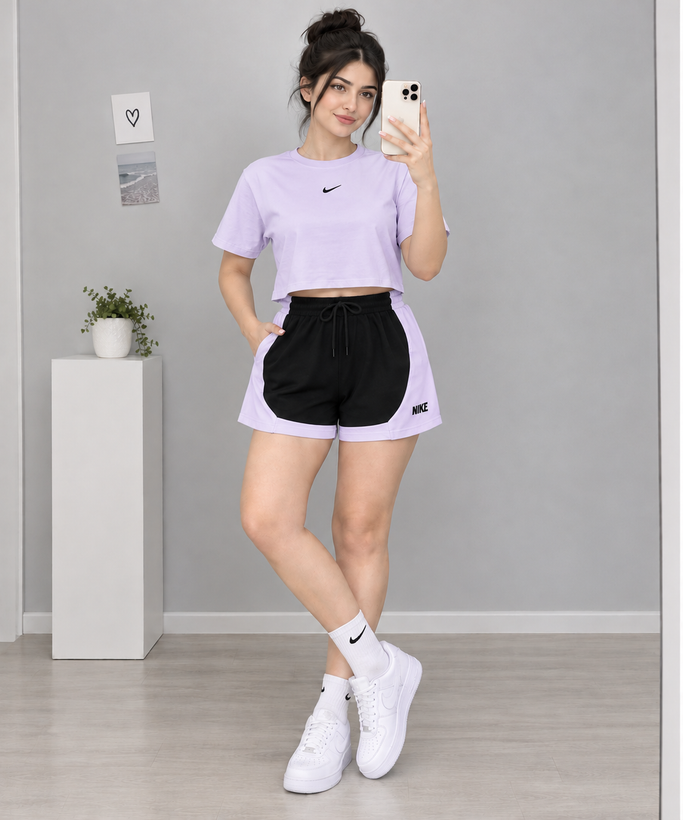 ست کراپ و شلوارک زنانه پارچه سوزنی سالمون L.XL.XXL در ۵ رنگ جذاب