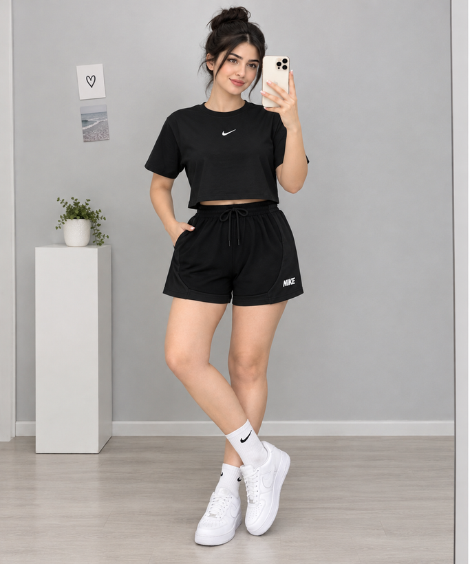 ست کراپ و شلوارک زنانه پارچه سوزنی سالمون L.XL.XXL در ۵ رنگ جذاب